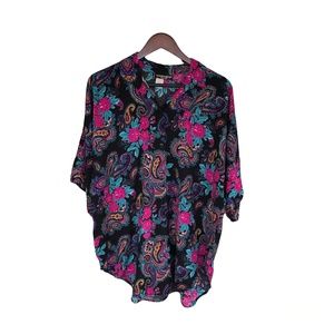 Vintage Womens Top Plus Size Paisley Floral Collar Front Button Short Sleeve USA